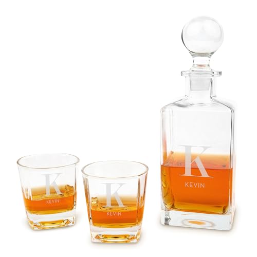 Weddingstar Personalized Engraved Whiskey Decanter Gift Set | Square Glass Bottle with Stopper and 2 Glasses - Modern Serif Initial