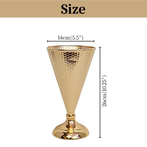 Image of French Gold Hammered Metal Cone Flower Vase, 26cm, Pedestal Base, for Event Decor, Home & Office Centerpiece Gift - Flowers are not Included