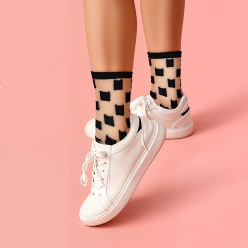 Image of Lusofie 5 Pairs Sheer Black See-Through Socks - Checkered Dot Striped Plaid Ankle Summer Socks for Women - Thin Fashion