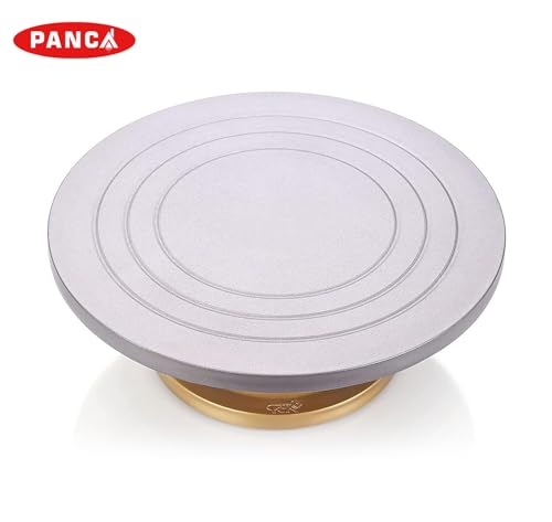 Image of PANCA Cake Decorating & Icing Turntable | Signature Edition 12-Inch 360 Rotating Cake Stand for Baking & Serving | Fiber Cake Turntable with Silver Top & Golden Base | Professional Cake Decorating Stand