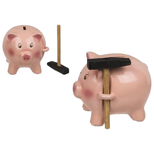 ROCKING GIFTS Hucha Cerámica Cerdito Rosa con Martillo, alcancía Infantil, decoración Infantil, Caja de Ahorros 21 cm
