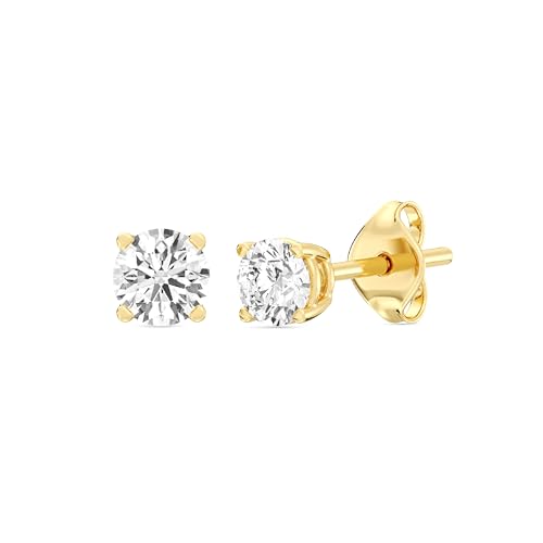 Gilded Lab-Grown Diamond Stud Earrings for Women| 925 Sterling Silver Studs and 14KT Gold 925 Plated Silver | Hypoallergenic Fine Jewelry | 4-Prong Basket, Push Back Nut | Round Cut, SI1 Clarity, F Color | 1/10,1/5,1/4,1/3,3/8,1/2,3/4,7/8,1 Carat Total Weight