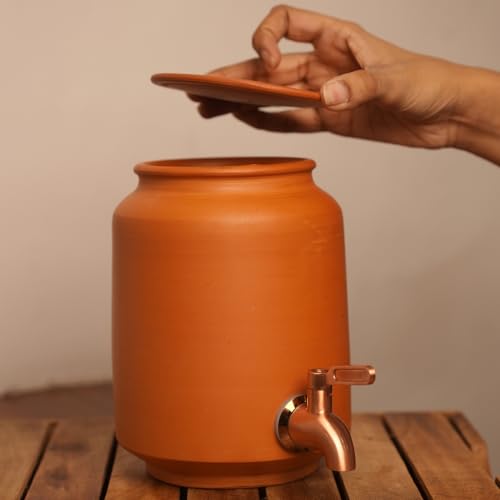 Image of Clay Water Dispenser 2.5 Litre with Copper Stainless Steel Tap & Lid - Terracotta Mitti Water Pot /Matka, Natural Earthenware Drink Dispenser for Kitchen, Home & Office