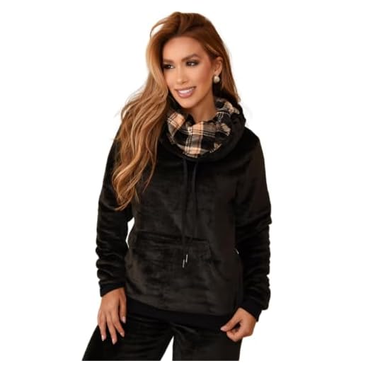 Pijama Feminino Adulto Fleece Inverno P Ao Plus Size Quentinho Para O Frio Ultra Soft Plush Longo (BR, Alfa, XG, Regular, Regular, Preto Gola)