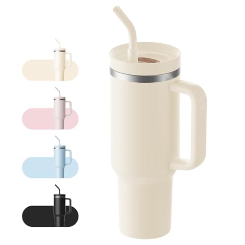 Thermobecher mit Strohhalm 1.2 L Trinkflasche Trinkbecher mit Deckel und Strohhalm, Spülmaschinenfest (Cream Tonal)