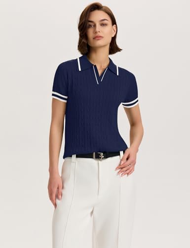 Image of Micoson Womens Short Sleeve Sweater Tops Lapel V Neck Polo Shirts 2026 Summer Cable Knit Loose Blouse Business Casual Outfits