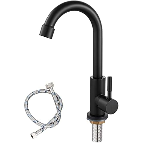 Matte Black Cold Water Only Kitchen Faucet Single Handle 1 Hole Deck Mount 360 Degree Swivel Spout High Arc SUS304 Stainless Steel Sink Bar Tap Goose Neck with Hose(Drain Not Included) Cover
