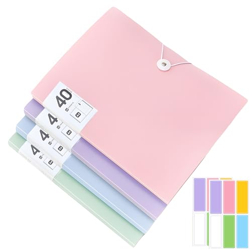 160 Pockets 4 Display Folders, 4 Pack 40 Pockets A4 Display Book Document Clear Folder with Plastic Sleeves & Safety Rope Presentation Folders Project Folder for School & Offices(4 Colors 40 Pockets)