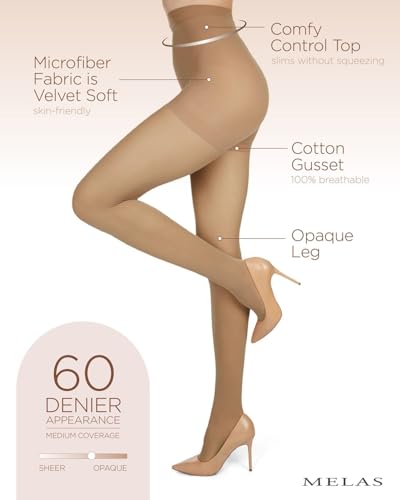 Image of Melas 6-Pack Women's Tights, 60 Denier, Opaque, Microfiber Control Top Tights, Soft & Durable - Sizes XS to Q2