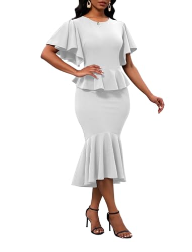 Image of Womens Summer Ruffle Short Sleeve Fishtail Dress Evening Cocktail Formal Peplum Midi Mermaid Dresses Elegant