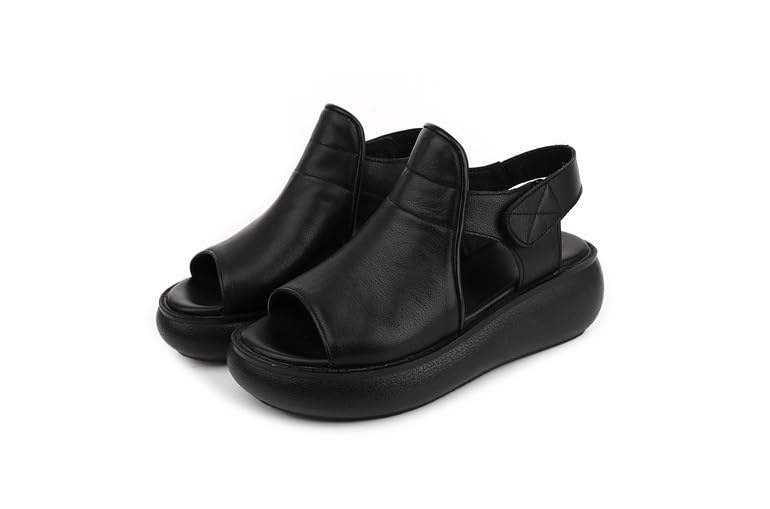 Women's Hook Loop Slingback Wedge Platform Sandals,Comfortable Soft Leather Roman Sandals Casual Peep Toe Slip On Walking Heeled Sandals2