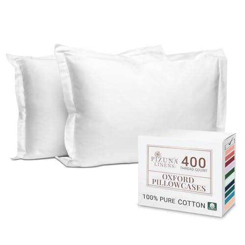 Pizuna 100% Cotton Standard Pillowcases 2 Pack White 50x75cm, 400 Thread Count Long Staple Combed Cotton Soft Pillow Cover, Sateen Weave Oxford Pillow Cases (Cooling Pillowcase 2PC)