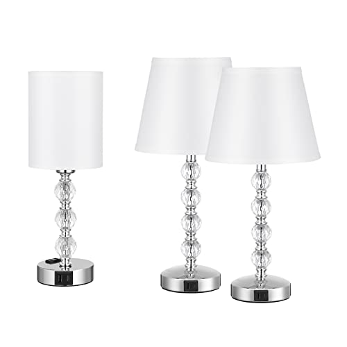 Touch Bedside Lamps Set Of 3 For Bedrooms - Crystal Table Lamp With Usb C+A Charging Port And Ac Outlet Nightstand White, 3 Way Dimmable Silver Small End Side Table Lamp For Living/Guest/Dinning Room #TOP13