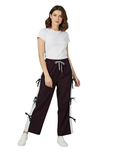 Image of ADDYVERO Women Lose Fitting Side Pockets & Ribbon Detailing High Waisted Casual Cargo Pant (Maroon, 34)