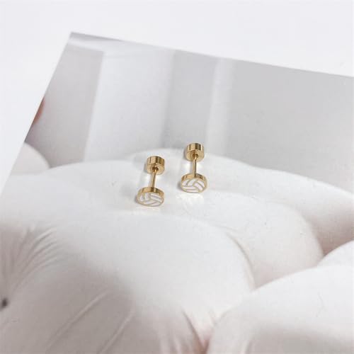 20g Volleyball Gold Plated Flat Screw Back Small Stud Earrings for Men Women Minimalist Cute Surgical Steel White Enamel Sports Fan Lover Cartilage Piercing Sleeper Tiny Studs Hypoallergenic Birthday Gift for Bff Christmas2