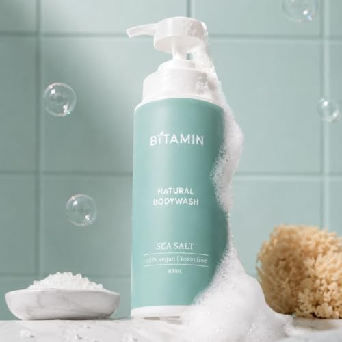 Image of Bitamin Natural Body Wash 400ml | Moisturising Body Cleanser for Men & Women | Vitamin E and Ceramides for Skin Barrier | Vegan, Toxin Free, Brightening Bodywash | Seasalt for Dry Skin.