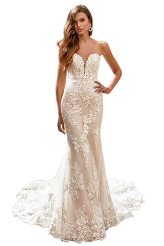 Beach Mermaid Wedding Dresses for Bride 2024 Lace Appliques V Neck Long Boho Bride Dress with Train