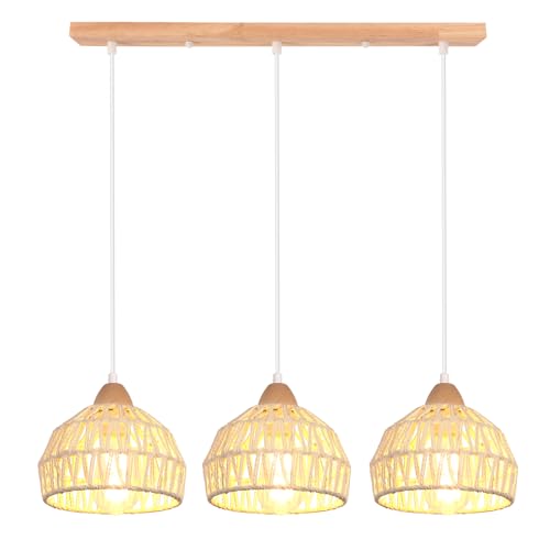 iDEGU 3 Lampes Suspension Luminaire Vintage Lustre Industriel en Bois Rotin Cage Abat-jour Rétro Lampe de Plafond E27 Éclairage Décoration Suspension pour...