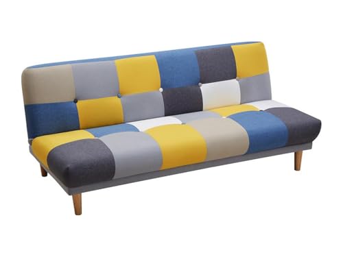 Vente-unique - Canapé 3 Places Convertible clic-clac en Tissu MARDAG - Patchwork Gris, Bleu, Jaune