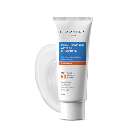 Glamveda Ultra-Light SPF 60 PA+++ Sunscreen 50 ml | Water-Full Hydration with 1% Hyaluronic Acid, Ceramides, Peptides & Niacinamide | Broad Spectrum | Anti-Aging, No White Cast, All Skin Types