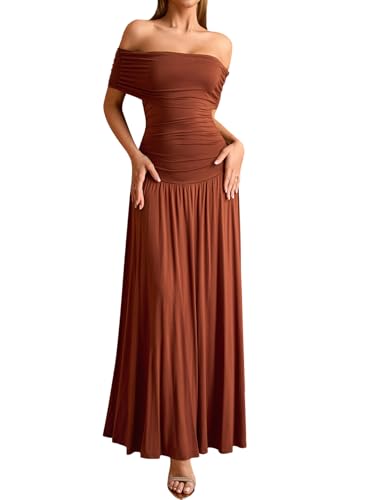 Off The Shoulder Maxi Dress for Women Summer Ruched Bodycon Pleated Flowy Formal Wedding Guest Long Dresses