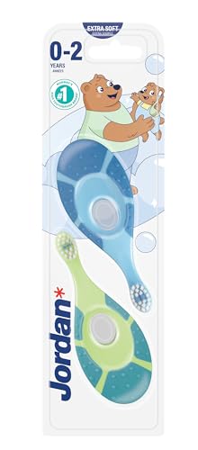 Jordan ® | Step 1 | Cepillo de dientes para bebé 0-2 años | Original con cerdas extra suaves, anillo de mordida suave para encías y fácil agarre | Pack 2 Unidades | Multicolor