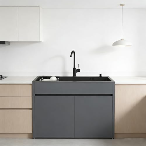 Lavabo Indipendente per Esterni con Acqua Calda e Fredda Rubinetto, Lavandino da Cucina con Armadio di Stoccaggio, Cestello di Scarico per Garage, Lavanderia, L:68/80 CM