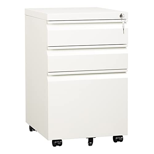 DEVAISE 3 Drawer Mobile File Cabinet with Lock, Metal Filing Cabinet Legal/Letter Size, Fully Assembled Except Wheels, White