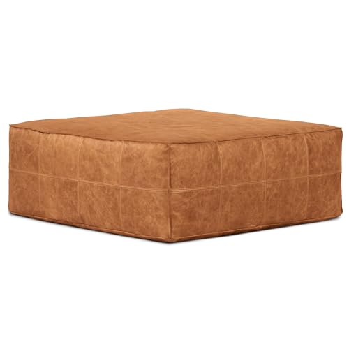Image of POLY & BARK Taos Ottoman - 37 inch Square Pouf with Feather-Down Topper - Full-Grain Leather Upholstered Pouf Ottoman for Living Room - Vintage Italian Leather in Cognac Tan