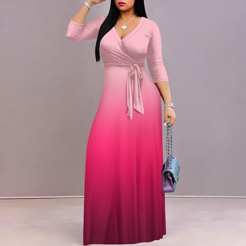 Image of PinkPatty Women's Plus Size Maxi Dress Casual 3 /4 Sleeve Dress with Belt | Soft stretch feel, printed style, flowy A-line fit, v neck, waist tie, side pockets, for vacation, party and daily wear