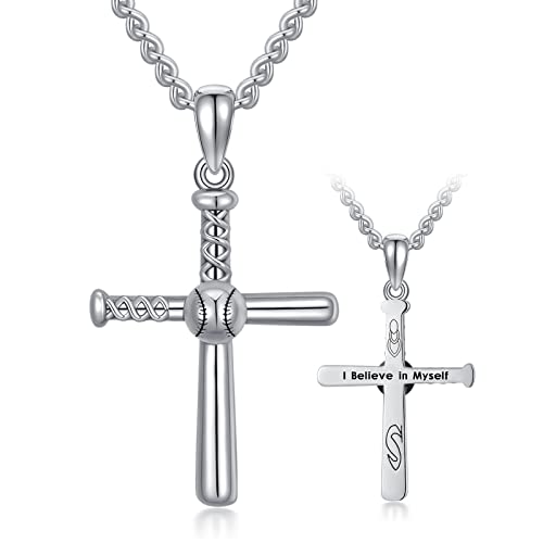 CEKAMA 925 Solid Sterling Silver Baseball Cross Necklaces for Boys Men Heavy-Duty Baseball Bat Cross Pendant Matte Black