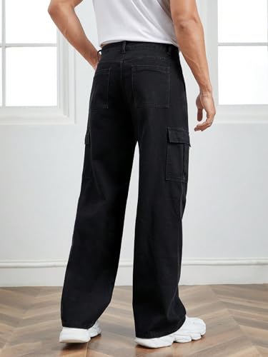 Image of KOTTY Men's Loose Fit Cargo Denim Jeans - Vintage Washed Utility Jeans with Side Pockets