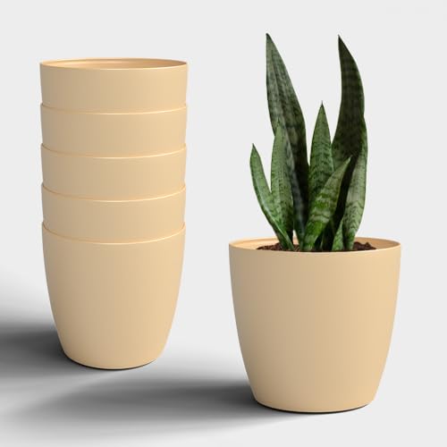 Image of YUCCABE ITALIA SHERA Stella 12 Inch Plastic Plant Pot for Home Decor Indoor Plant Pots for Living Room Plastic Flower Pot for Garden (Beige, 12 INCH - 6 Pcs)