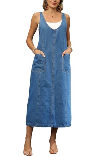 yoeasy Women's V Neck Sleeveless Denim Overall Dress Adjustable Strap Vintage Back Slit Midi Jean Dress with Pockets (Medium, Light Blue)