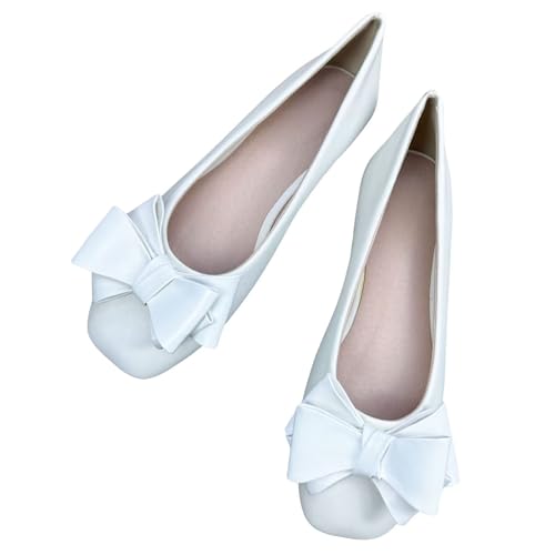 SAILING LU Women's Bow-Knot Square Toe Ballet Flats Elegant Dress Shoes Soft Dressy Flat Shoes Female Slip-On Loafers
