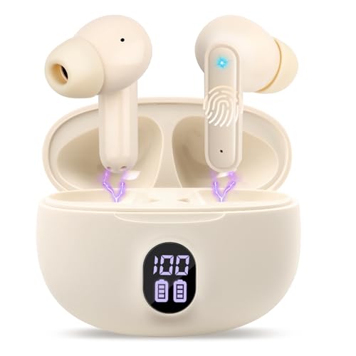 Auriculares inalámbricos Bluetooth, Bluetooth 5.3, Beige con indicador LED IPX7, Resistentes al Agua, Auriculares inalámbricos, 30h de Tiempo de reproducción