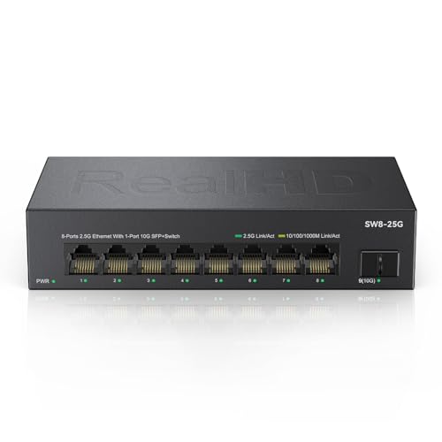 Real HD 8 Port 2.5G Ethernet Switch Unmanaged Network Switch with 8 x 2.5 Gigabit | 1 x 10G SFP+ | Work with 10-100-1000Mbps Devices | 60G Bandwidth | Plug & Play | Fanless Quiet Metal Internet Switch