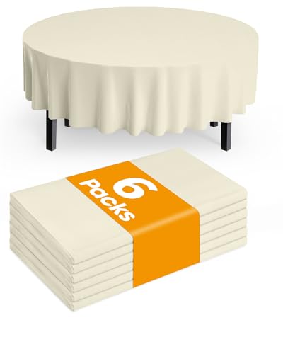 Image of Pureegg Plastic Table Cloth Disposable 6 Pack, 84 Inch Round, Beige | Wedding, Thanksgiving, Fall Party, Waterproof, Beige, Round Tablecloth