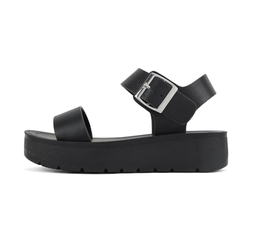 Soda Papaya ~ Women Open Toe Multi-Strap Flatform Sandals (D-all Black Pu, 7)
