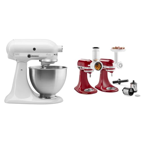 KitchenAid Classic Series 4.5 Quart Tilt-Head Stand Mixer K45SS, White & ® Food Grinder + Fresh Prep Slicer/Shredder Attachment Bundle, White