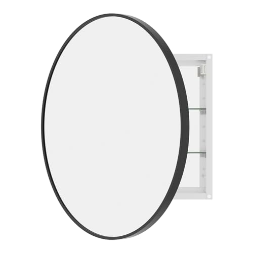 WallBeyond Bathroom Medicine Cabinet with Mirror, 28 Inch Black Round Mirror Medicine Mabinet Wall Mounted with Aluminum Alloy Metal Framed, Surface Mount Medicine Cabinet with Storage