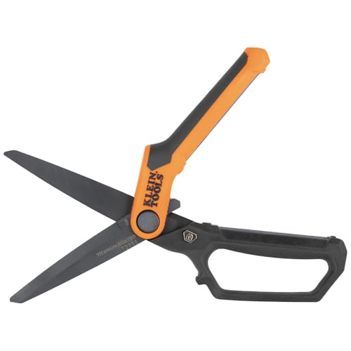 Image of Klein Tools T2111 Titanium-Coated Professional Scissors, High Leverage Stainless Steel Shears, Serrated Blades, Cuts Heavy Duty Material, 10-Inch