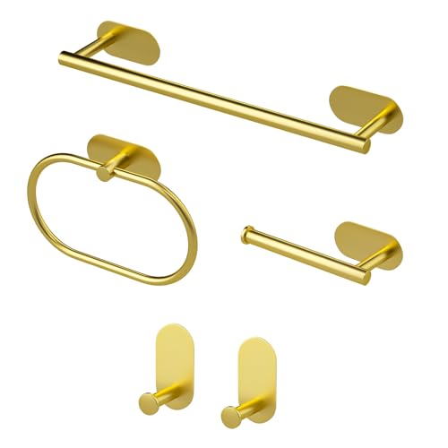 Sarsumir Accessori Bagno Set Di 5 - Porta Asciugamani Bagno Adesivo, Porta Carta Igienica, Anello Portasciugamani, Ganci Adesivi, Oro