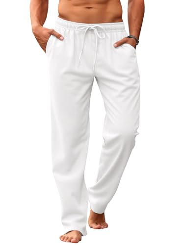 Makkrom Mens Casual Pants Drawstring Elastic Waist Lightweight Linen Pants Loose Fit Summer Beach Yoga Trousers