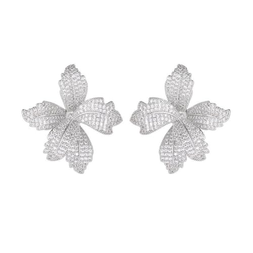 Luxury Big Flower Cubic Zirconia Crystal Statement Stud Dangle Earrings for Women Dainty 925 Sterling Silver Post Diamond Petal Large Flowers Huggie Studs Hypoallergenic Fashion Trendy Jewelry