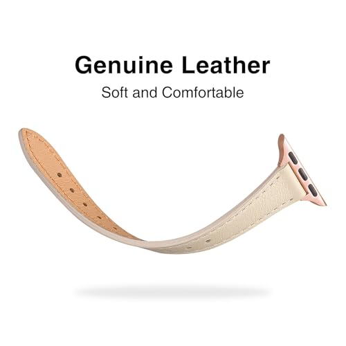 Image of STIROLL Slim Leather Bands Compatible with Apple Watch Band 49mm 46mm 45mm 44mm 42mm(Series 3 2 1), Top Grain Leather Watch Thin Wristband for iWatch Ultra SE Series 11 10 9 8 7 6 5 4(Beige Rose Gold)