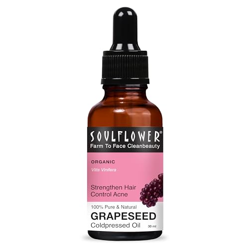Image of Soulflower Grapeseed Oil for Hair Growth, Acne, Pimple, Face Massage, Glowing, Radiant Skin 100% Pure, Natural & Cold Pressed Ecocert Cosmos Organic Certified, 30ml