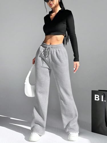 HeSaYep Women's Wide Leg Sweatpants Drawstring Ribbed Waist Baggy Sweat Pants Raw Hem Flared Lounge Pants4