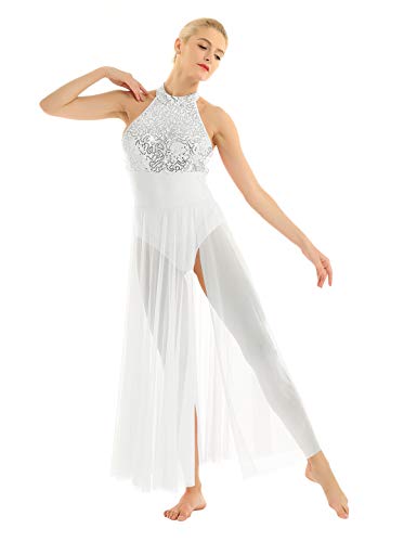 TiaoBug Damen Neckholder Kleider festlich Pailletten Ballettkleid Ballett Trikot Ärmellos Body Mesh Maxi Schlitz Langer Rock Tanzkleidung Weiß S