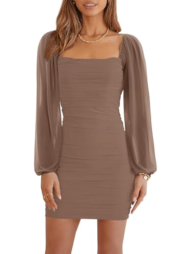Ofenbuy Women's Mesh Long Sleeve Dress Square Neck Ruched Mini Bodycon Dress Stretch Party Cocktail Dresses